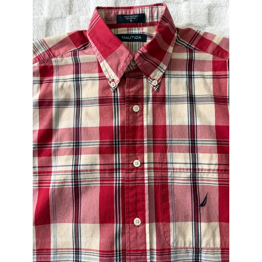 Nautica Mens Red Plaid Short Sleeve Button Down Shirt Cotton Sz S EUC